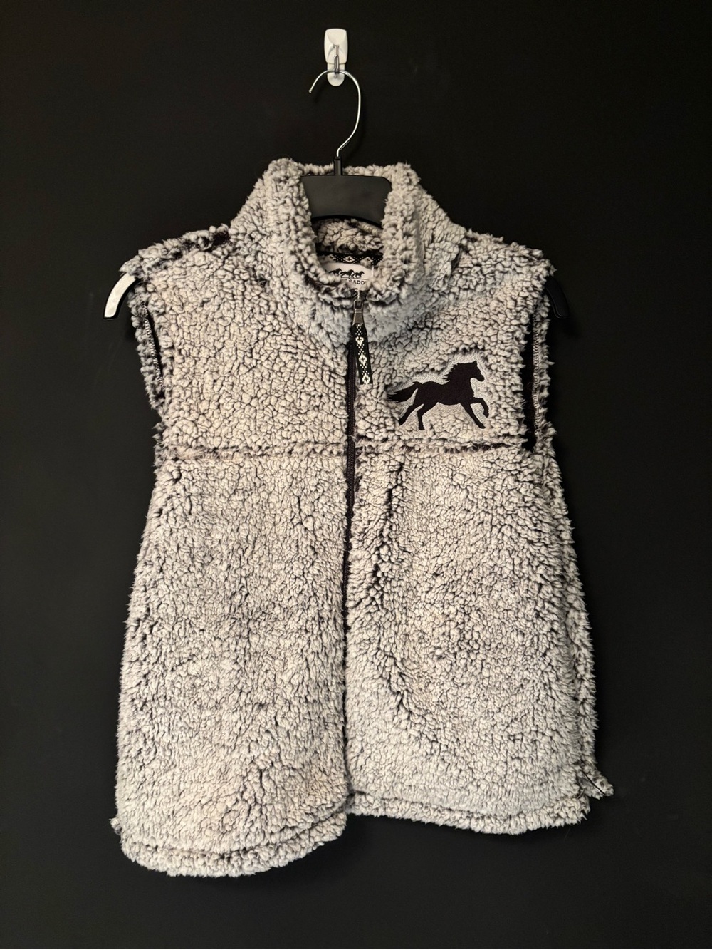 Women's Gray Sherpa Vest with Horse Patch-Back in the Saddle-Small